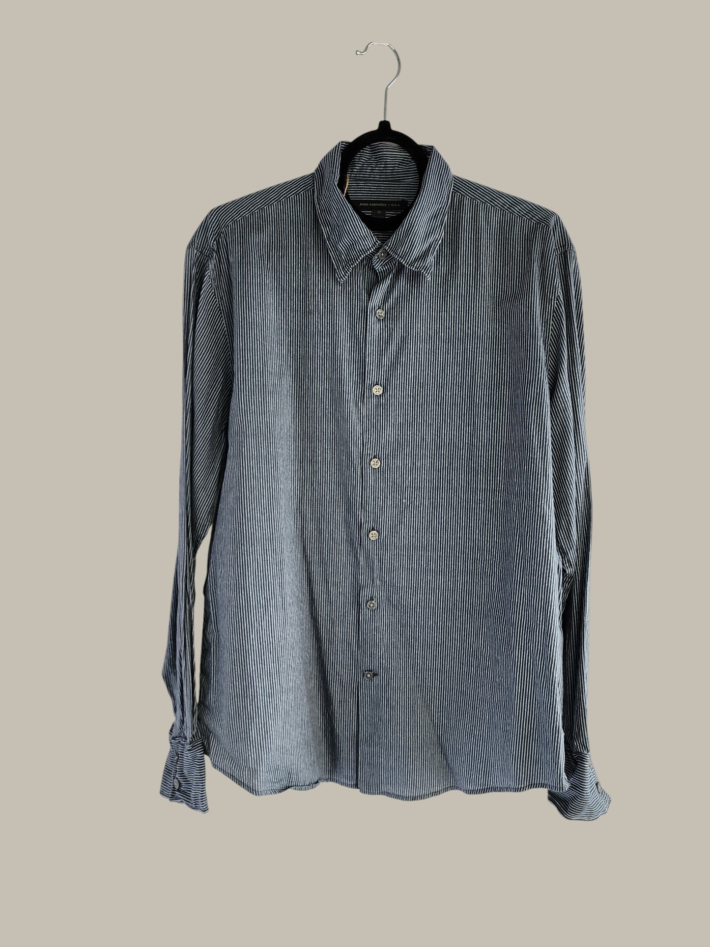 John Varvatos Fitted Cotton Shirt Navy White pinstripe (Collar And Cuff Wire Construction)medium