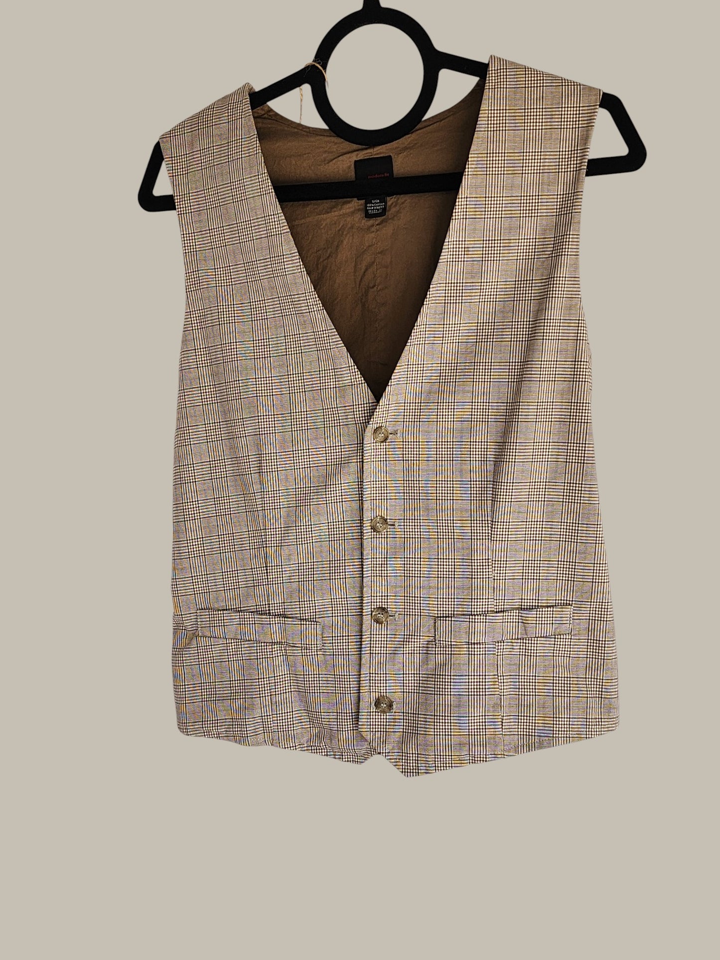 J Ferrar Neutral Plaid Cotton Vest Tan Small