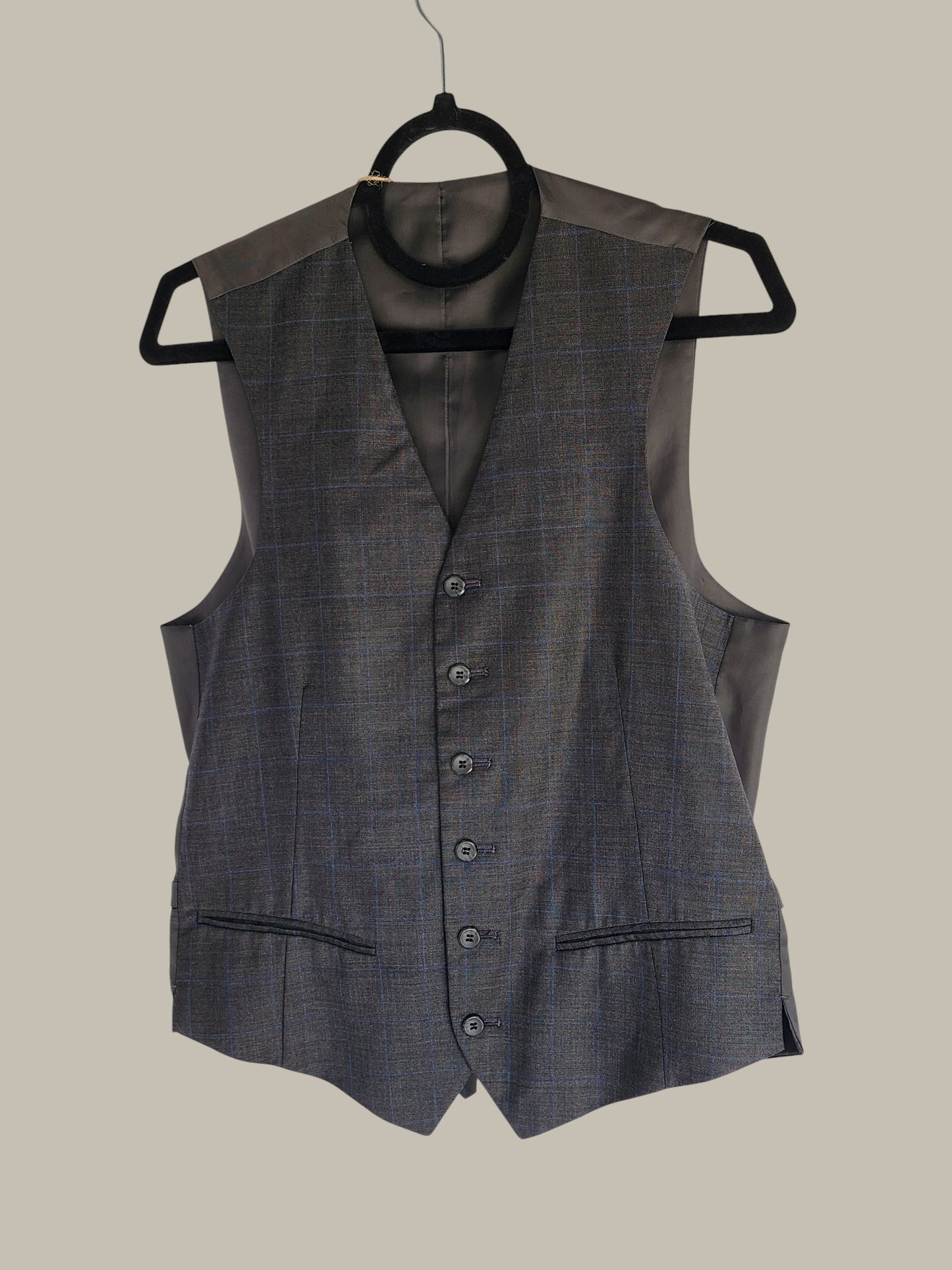- Vest - Textured Rayon - Poly - Black With Faint Blue Plaid Small