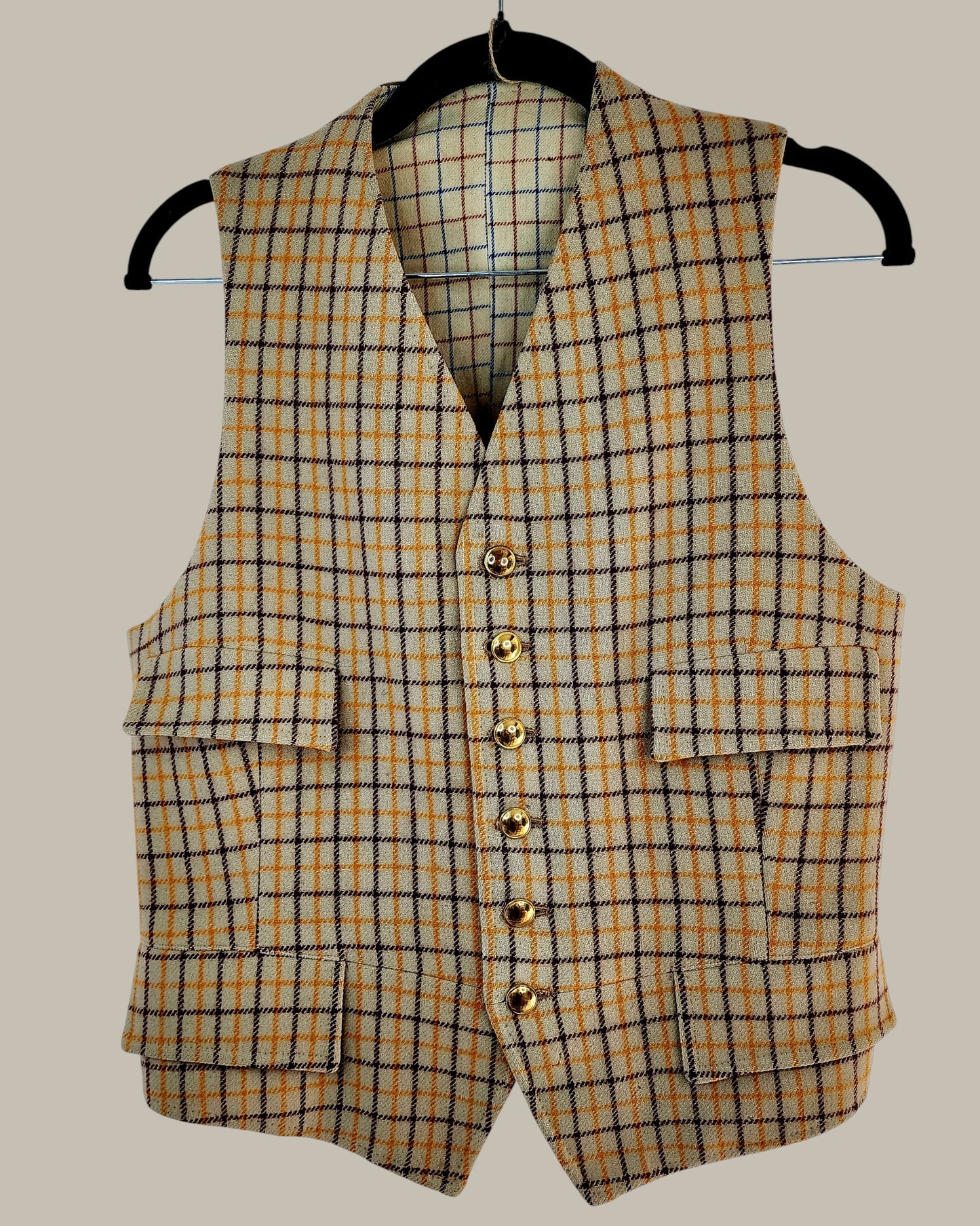 - Wool - Plaid Vintage Vest,brass button small.