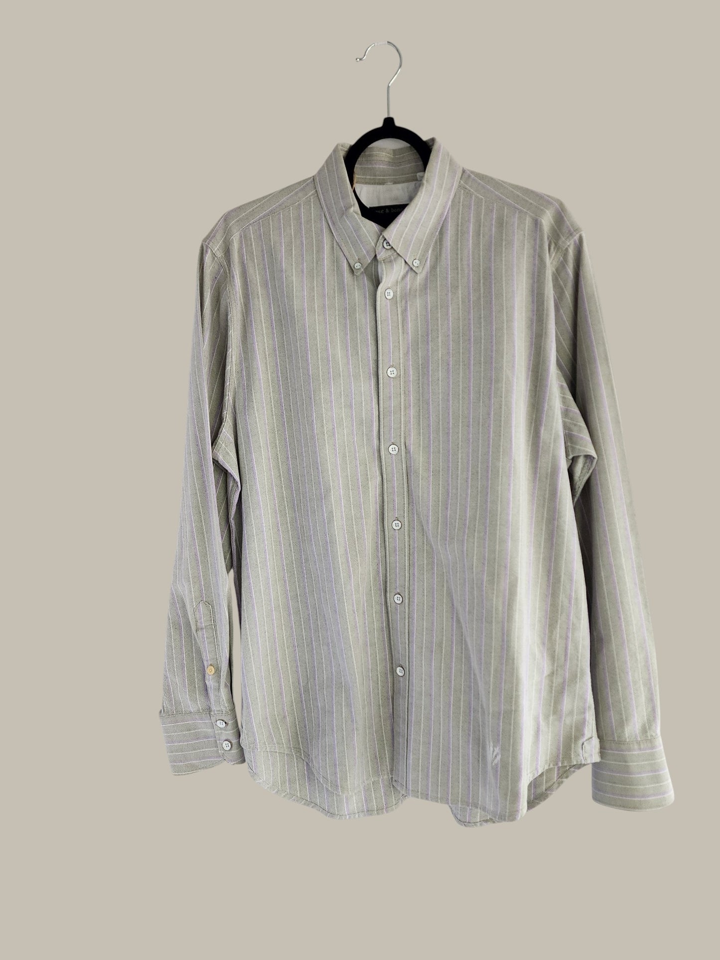 L/S Heavier Cotton Shirt Grey With Lavender And White Pinstripe, Large