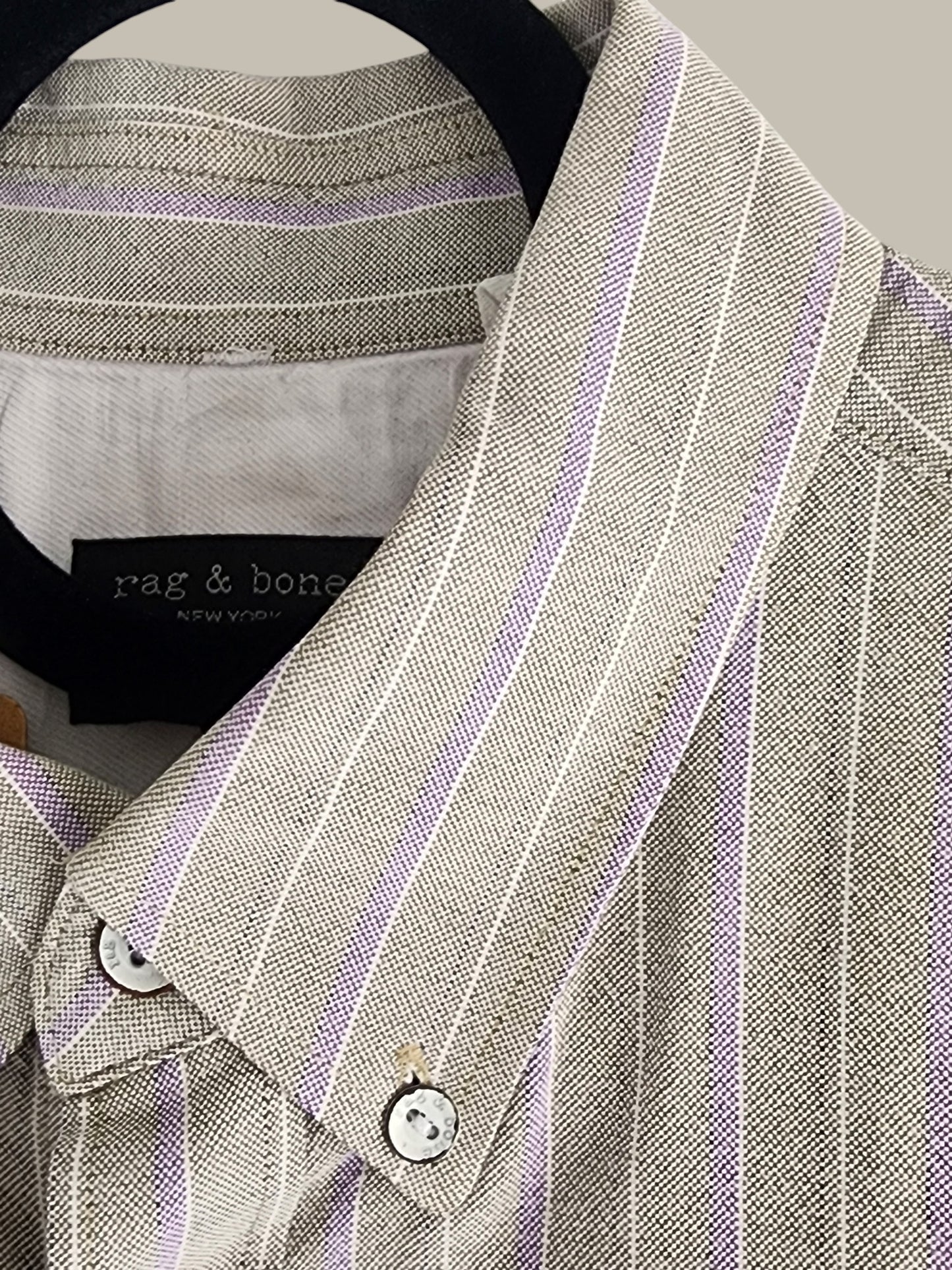 L/S Heavier Cotton Shirt Grey With Lavender And White Pinstripe, Large
