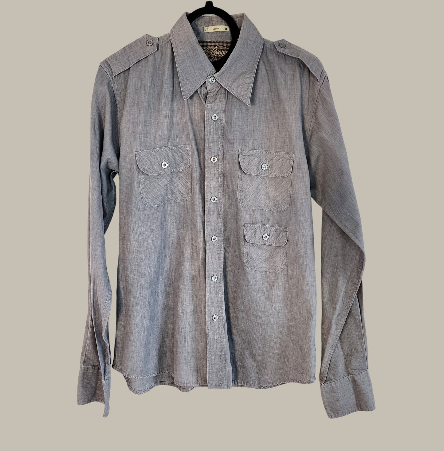 Brown Solid - L/S - 3 Pocket - Grey - Cotton Shirt medium