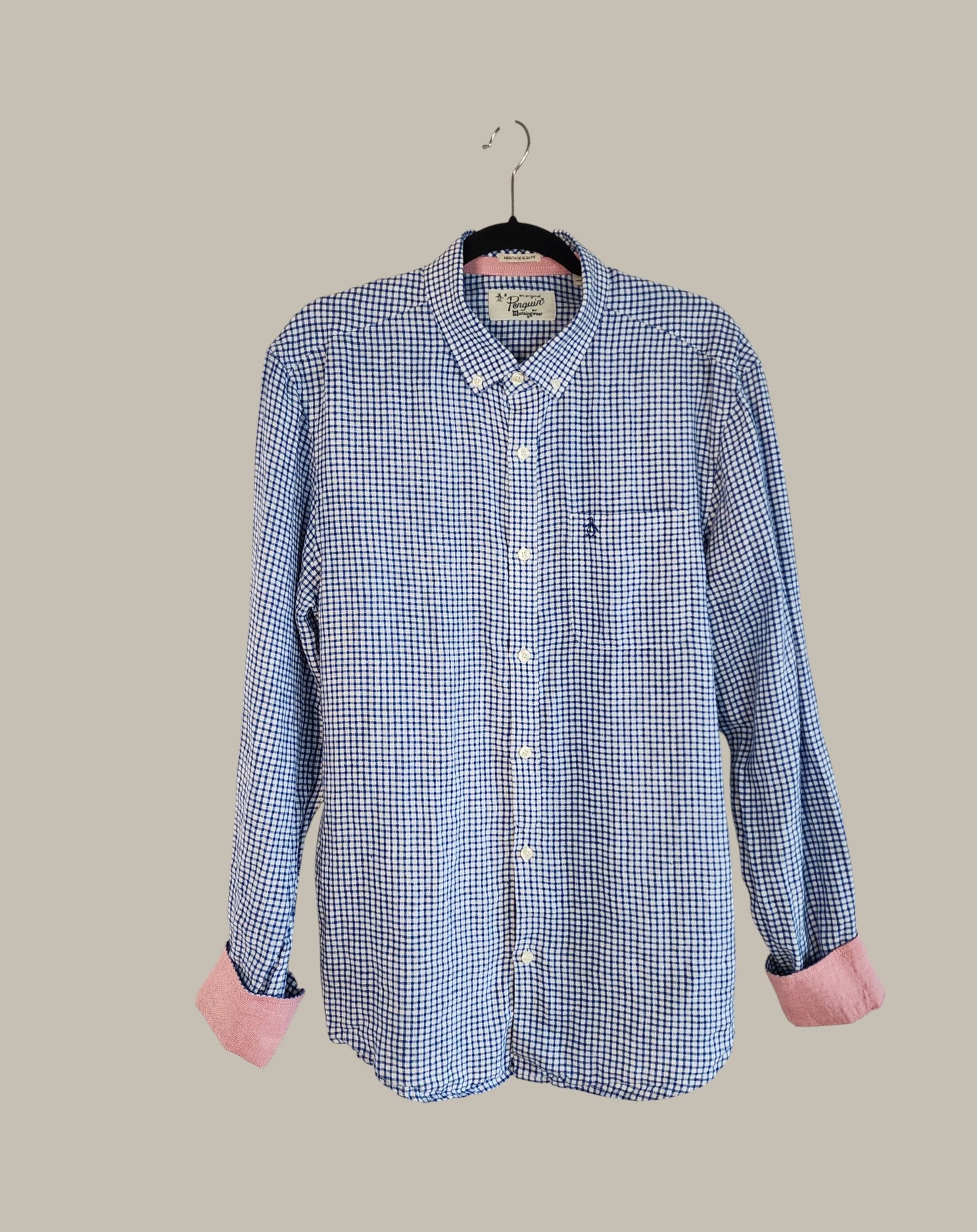 Penguin - Blue / Plaid Shirt with Pink - Hidden Details - Cotton large