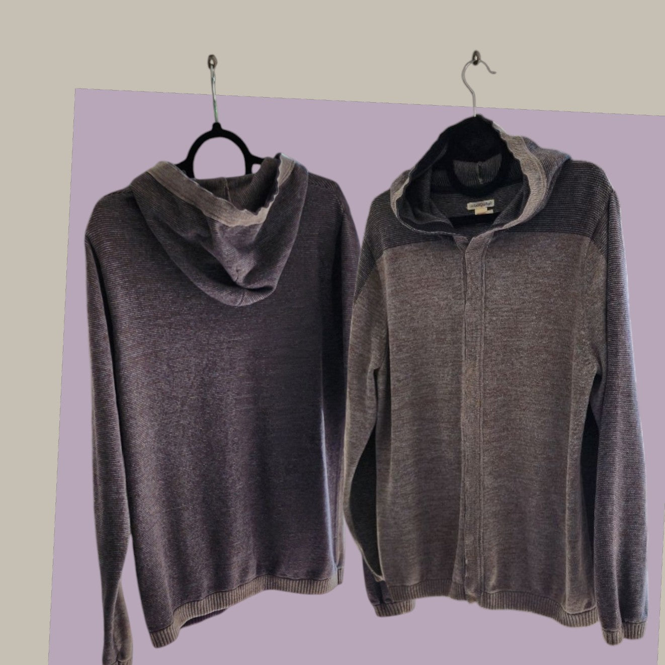 Carbon to Cobalt - Button Front Hoodie - Cotton - Sweater knit Large, 2 Tone Heather Grey.