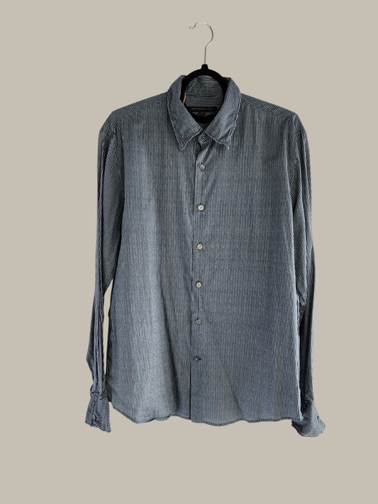 John Varvatos Fitted Cotton Shirt Navy White pinstripe (Collar And Cuff Wire Construction)medium