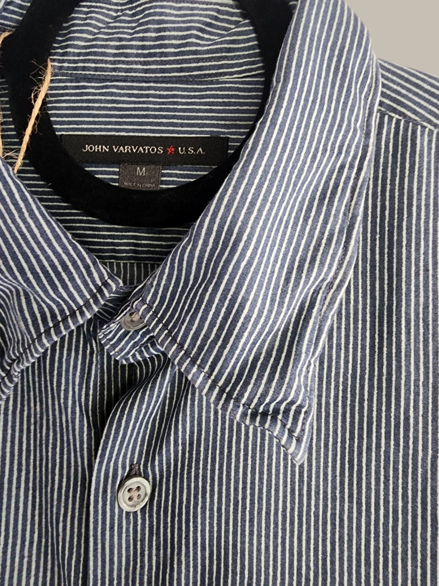 John Varvatos Fitted Cotton Shirt Navy White pinstripe (Collar And Cuff Wire Construction)medium