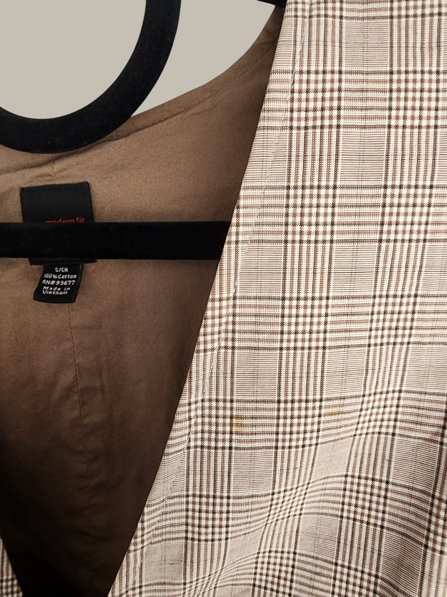 J Ferrar Neutral Plaid Cotton Vest Tan Small