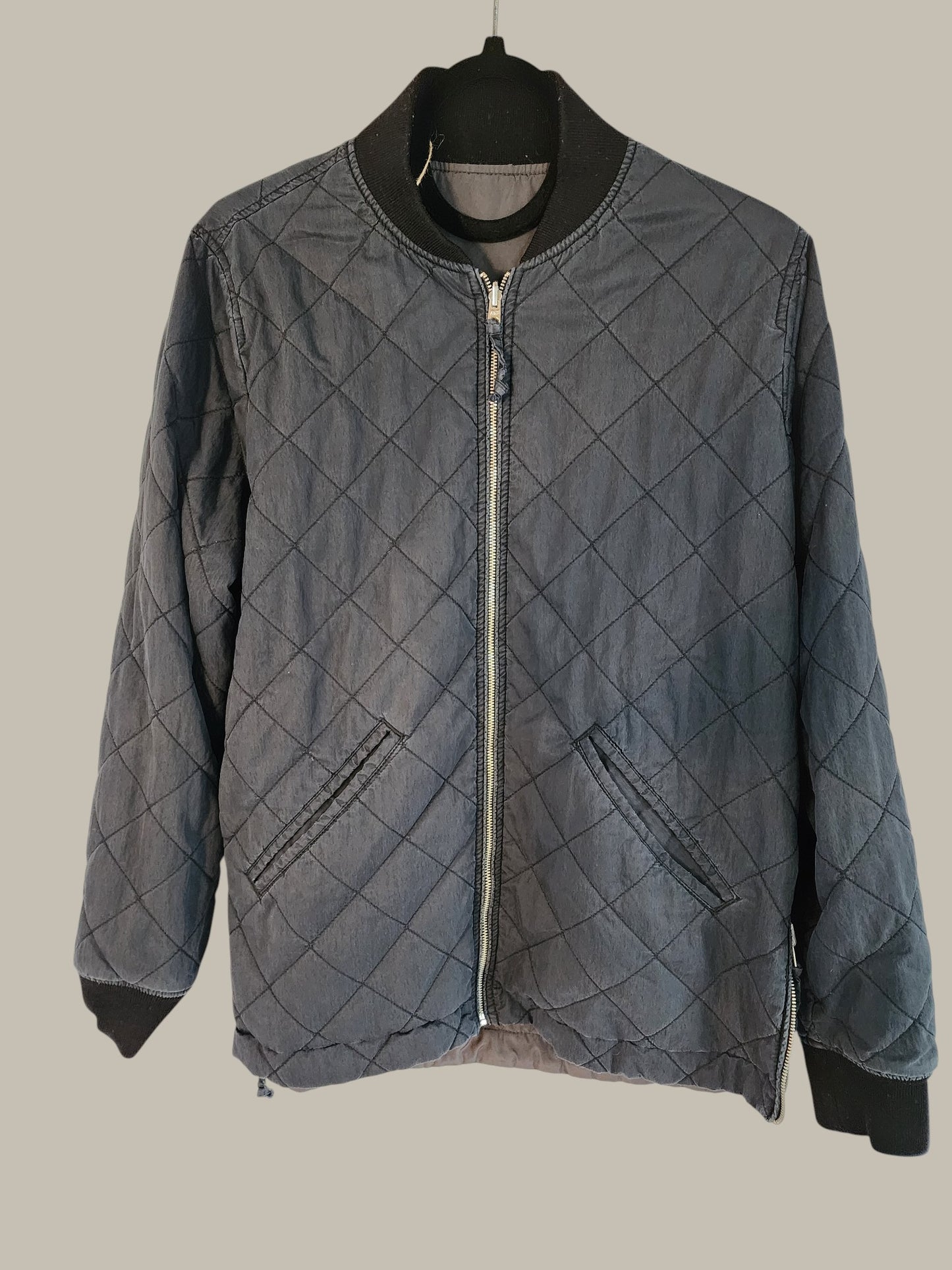 - Quilted Bomber Jacket - Charcoal -Black with Side Zipper Small
