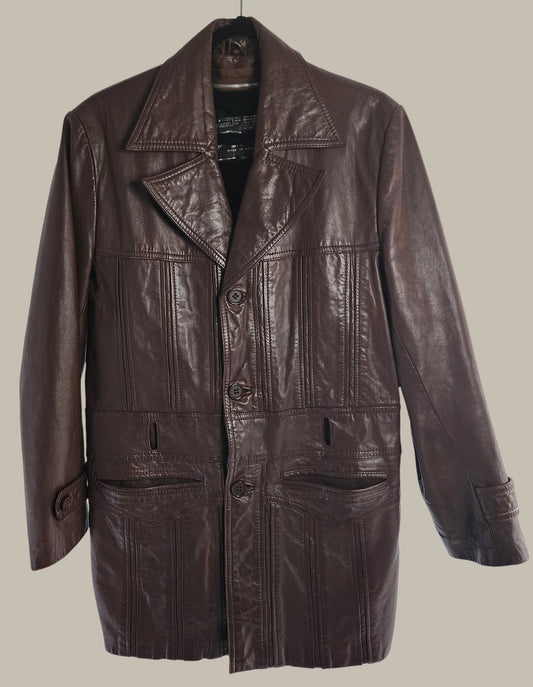 Montgomery Ward- Brown Leather Car Coat - Detachable Plush Lining (Missing Belt) medium