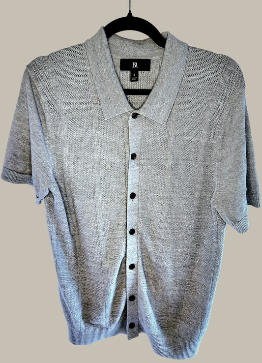 BR - Grey Cotton Linen Button Front Crochet Short Sleeve Shirt (S)